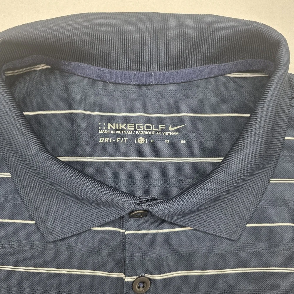 Nike Golf Polo Shirt Mens XL Navy Blue Striped Dri-Fit US Open Logo Performance